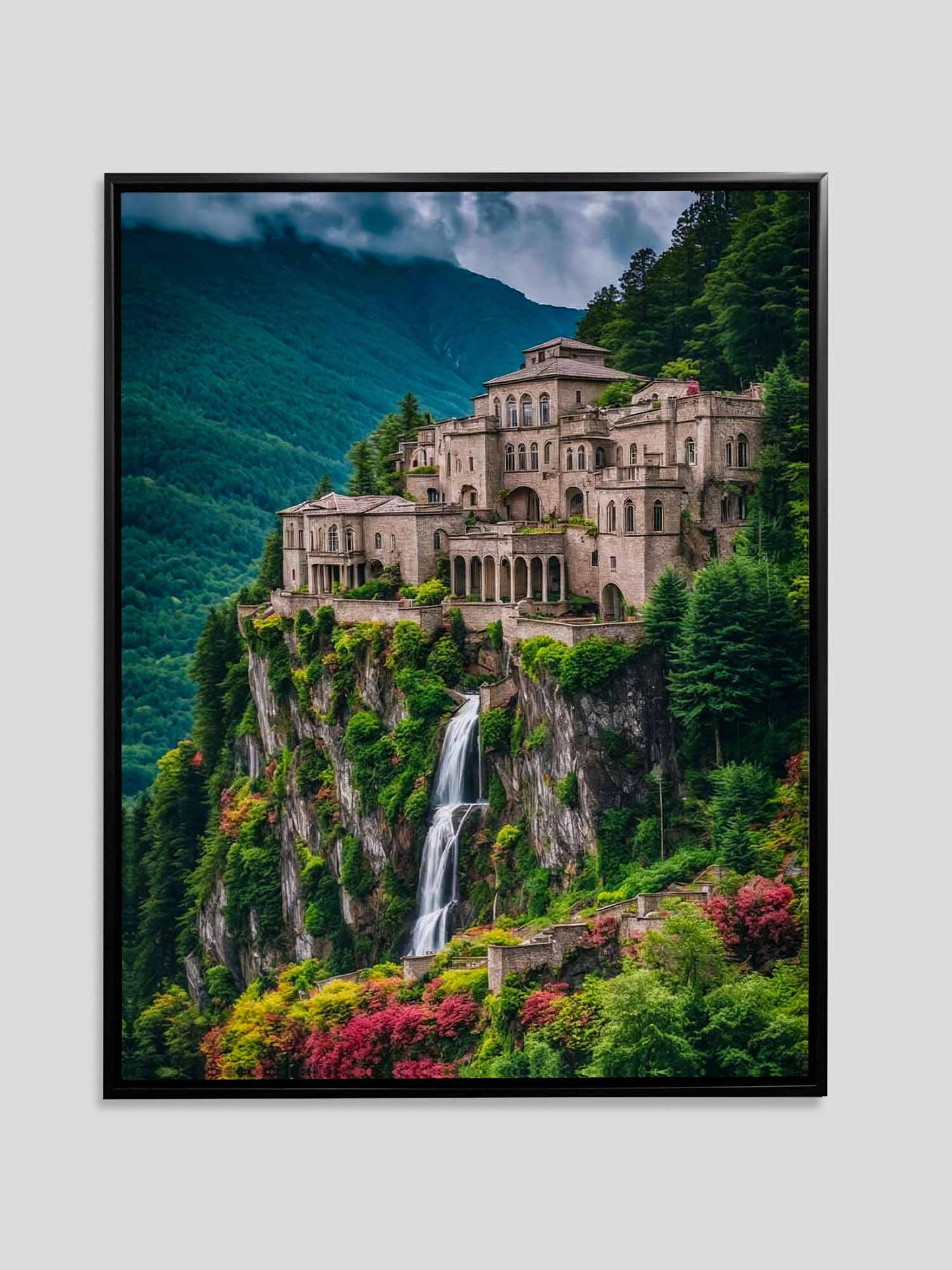 Fine Art Canvas Print with Black floating frame. "Living Dream" the image shows an imposing castle on the edge of a cliff, also below the castle there is a waterfall and surrounding trees that contrast with the incredible view.