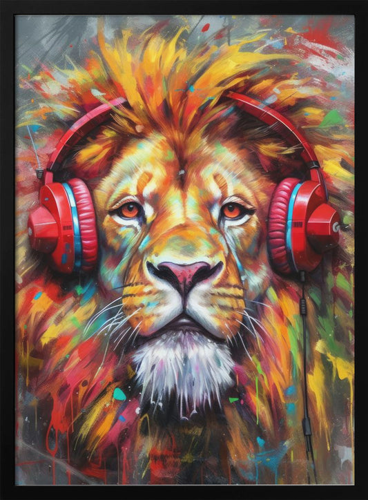 Sample Lion With Headphon-lion artwork in black floating frame