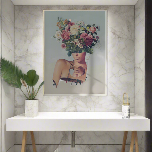 sample decor powder room wall art bouquet flower head