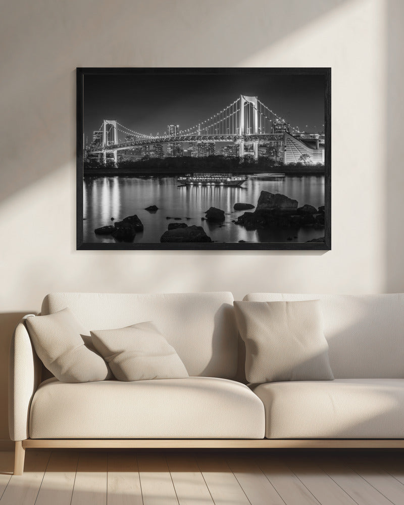 Charming Rainbow Bridge with Tokyo Skyline in the evening - monochrome panorama Wall Artwork 0