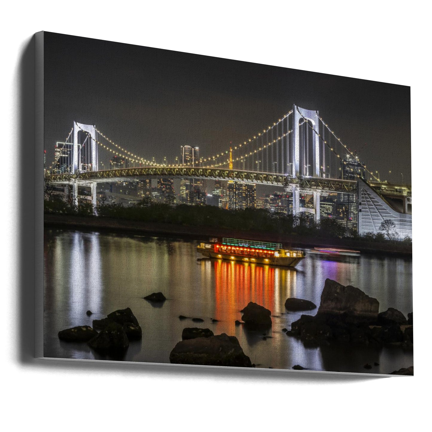  Striking Rainbow Bridge with Tokyo Skyline in the evening - Panorama Wall Artwork Gallery Wrapped (Ready to Hang)