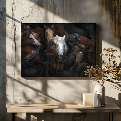 Sample Wall art of majestic white horse among a herd