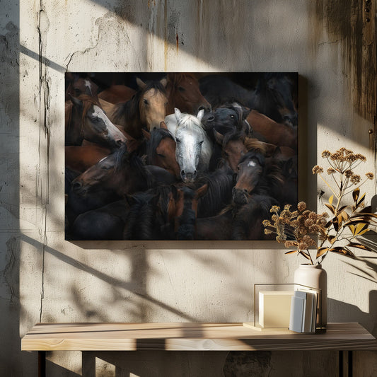 Sample Wall art of majestic white horse among a herd