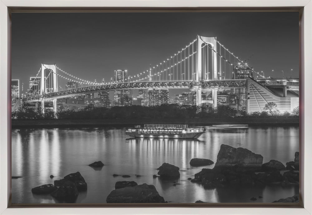  Charming Rainbow Bridge with Tokyo Skyline in the evening - monochrome panorama Wall Artwork In Black Floating Frame