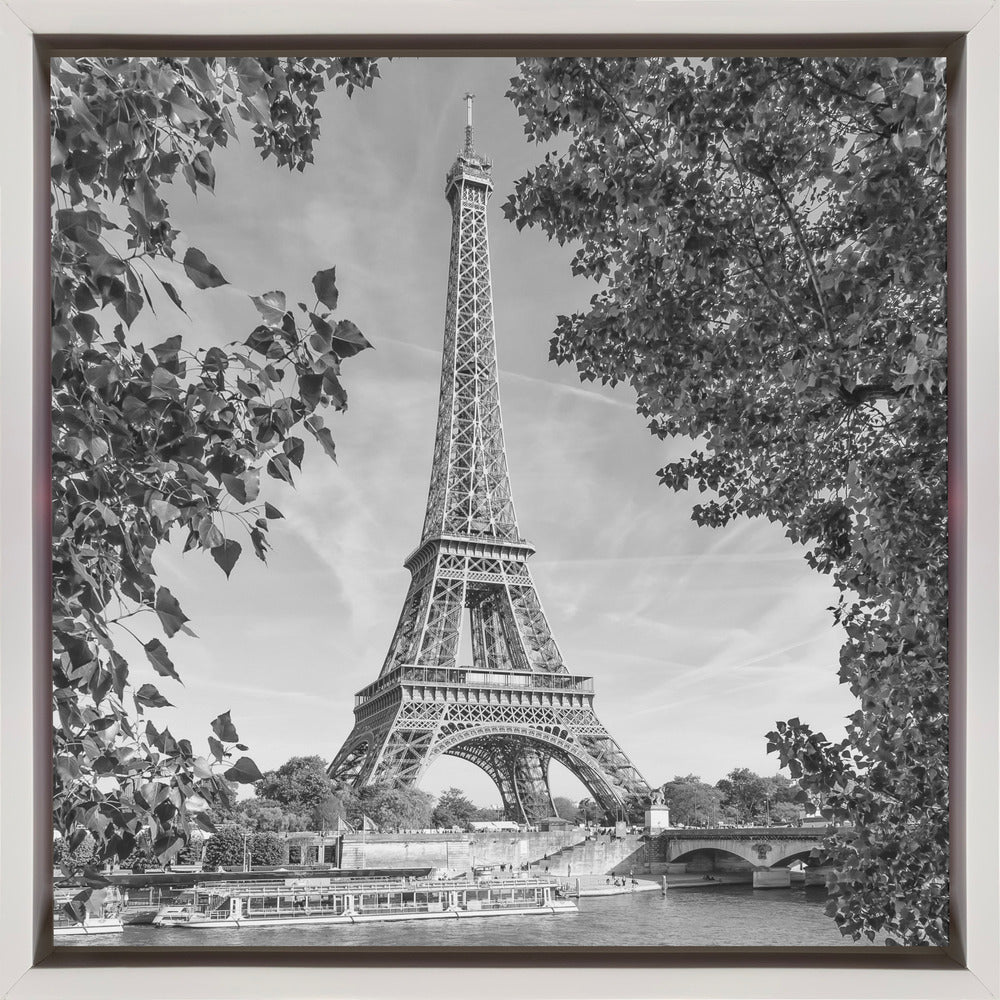  PARIS Eiffel Tower &amp; River Seine - Monochrome Wall Artwork In Black Floating Frame