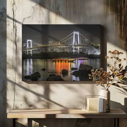  Striking Rainbow Bridge with Tokyo Skyline in the evening - Panorama Wall Artwork In White Floating Frame