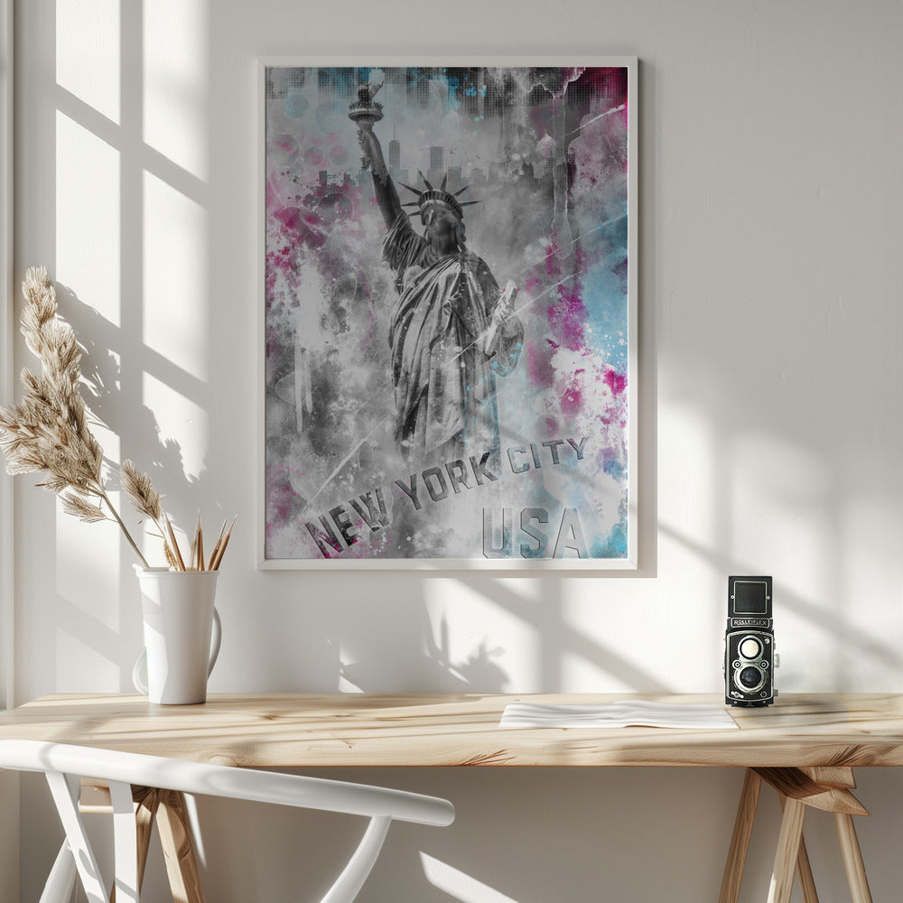 Artwork POP ART Statue of Liberty - Splashes36X48inches- White Frame