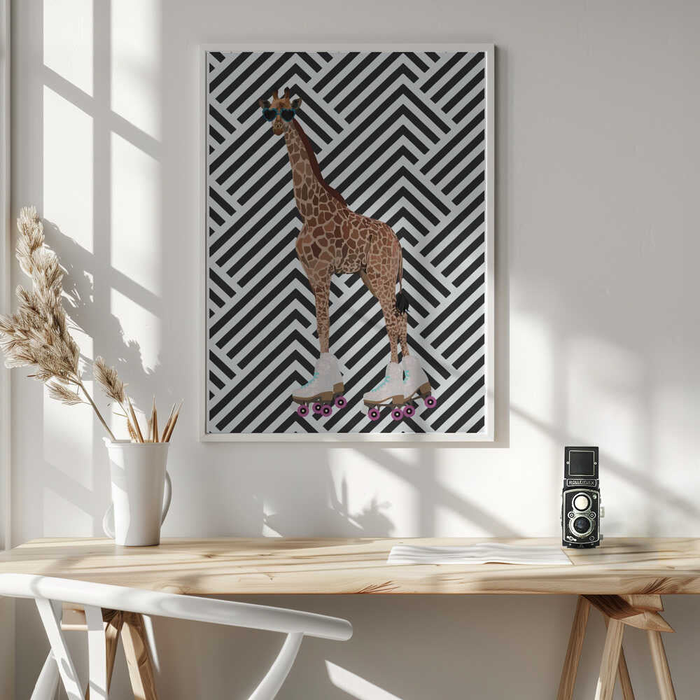 Wall art Giraffe Rollerskates retro