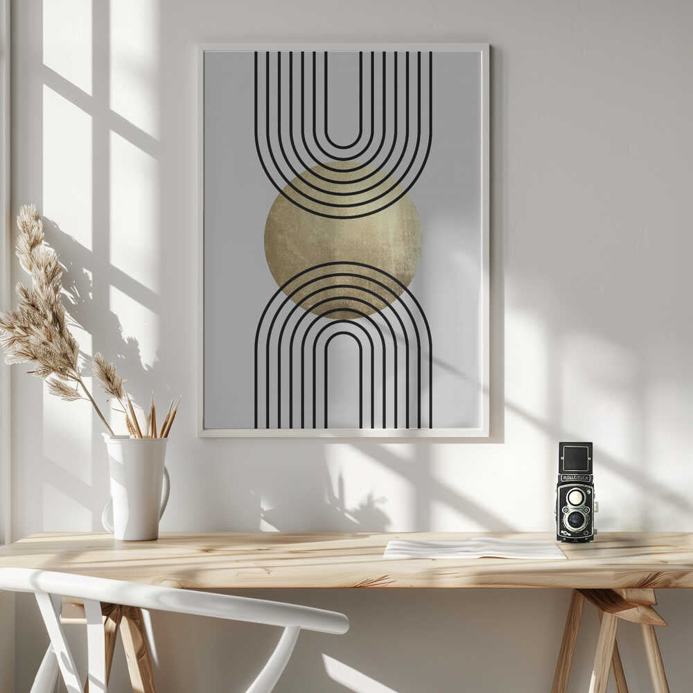 Wall art Golden Textured Circle and Bold Black Lines