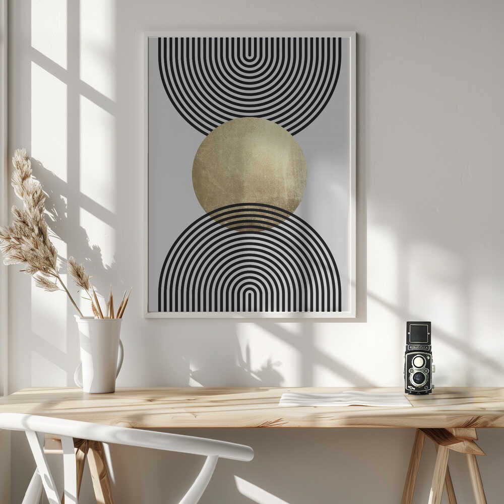 Wall art Golden Textured Circle and Bold Black Lines
