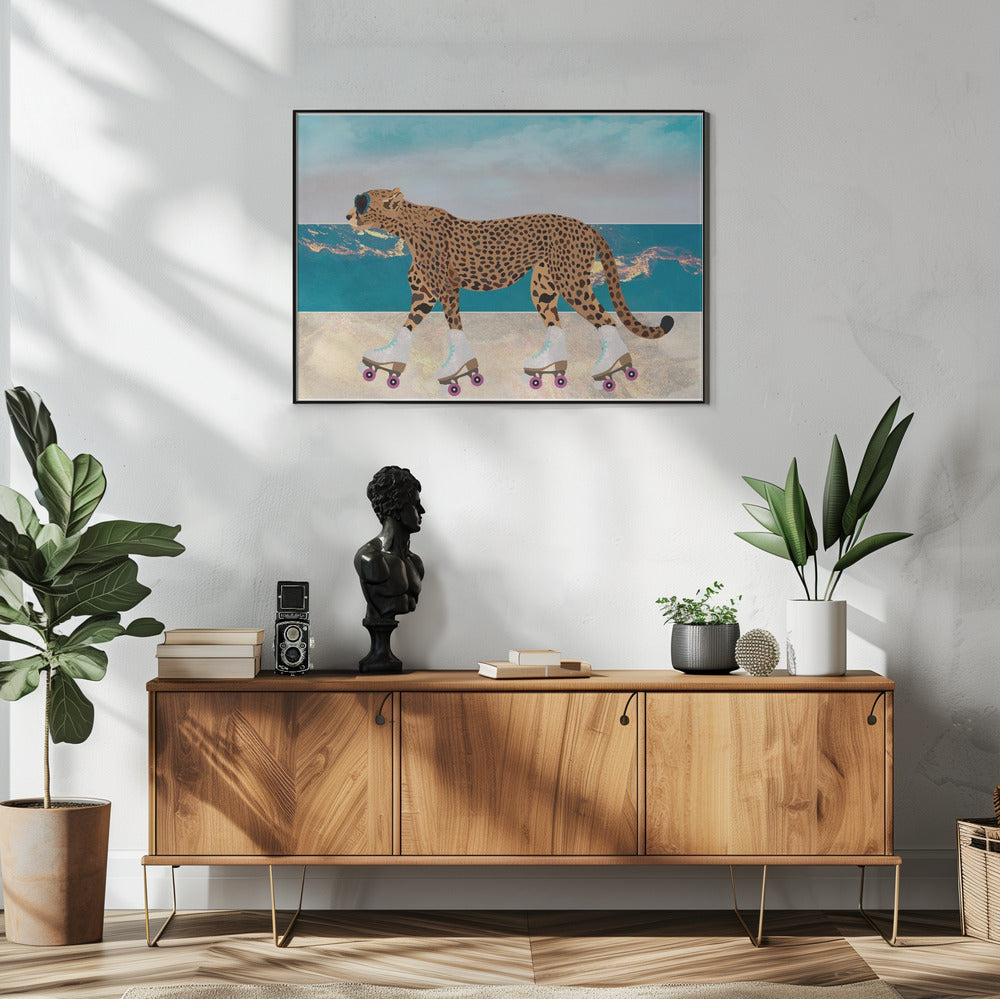 Artwork Cheetah Rollerskating Landscape Beach 0648X36inches- White Frame
