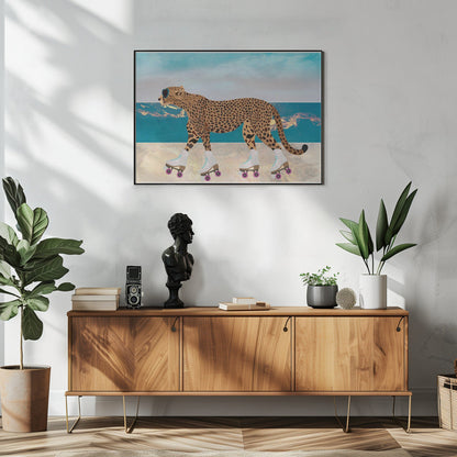 Artwork Cheetah Rollerskating Landscape Beach 0648X36inches- White Frame