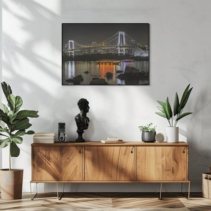  Striking Rainbow Bridge with Tokyo Skyline in the evening - Panorama Wall Artwork In White Floating Frame