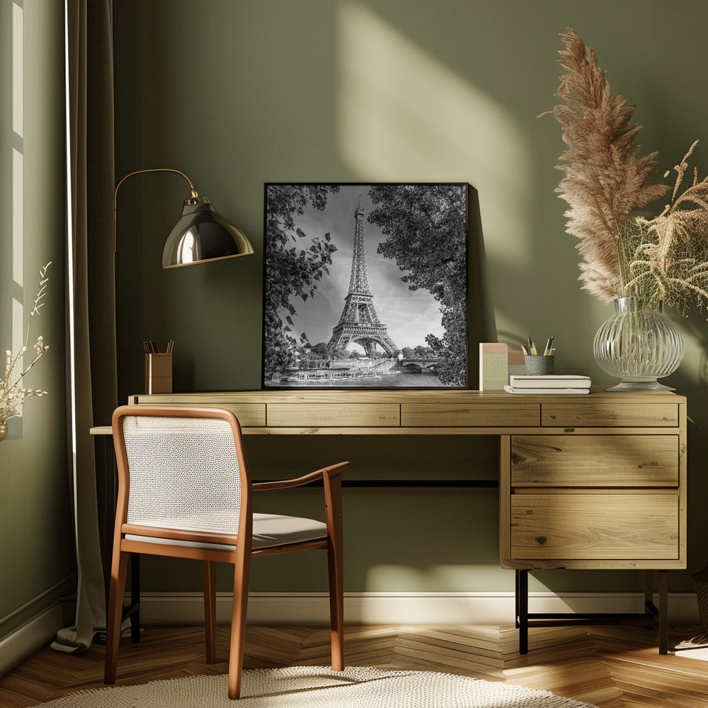  PARIS Eiffel Tower &amp; River Seine - Monochrome Wall Artwork 0