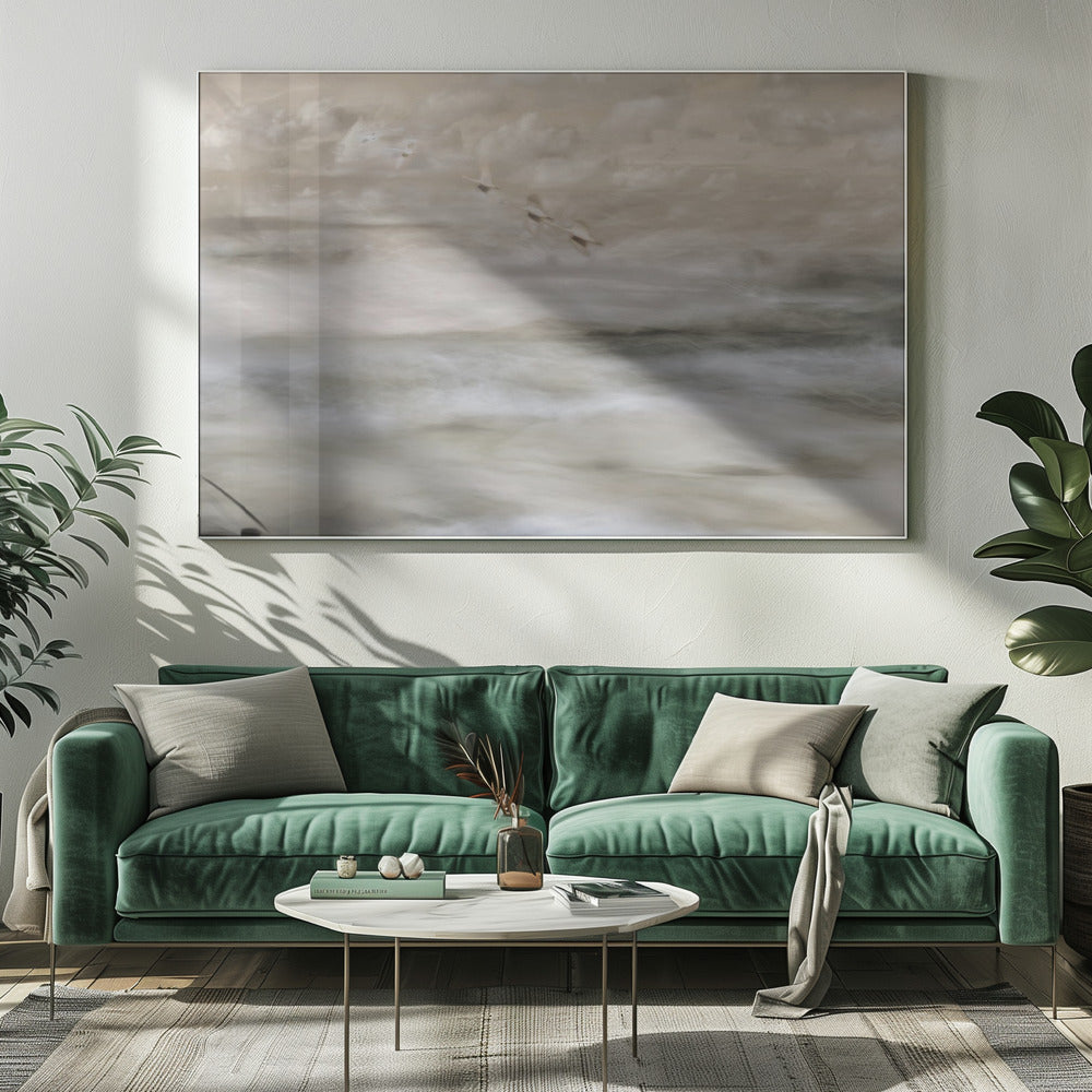 Artwork- Swans over sea-48X36inches-In Black Floating Frame