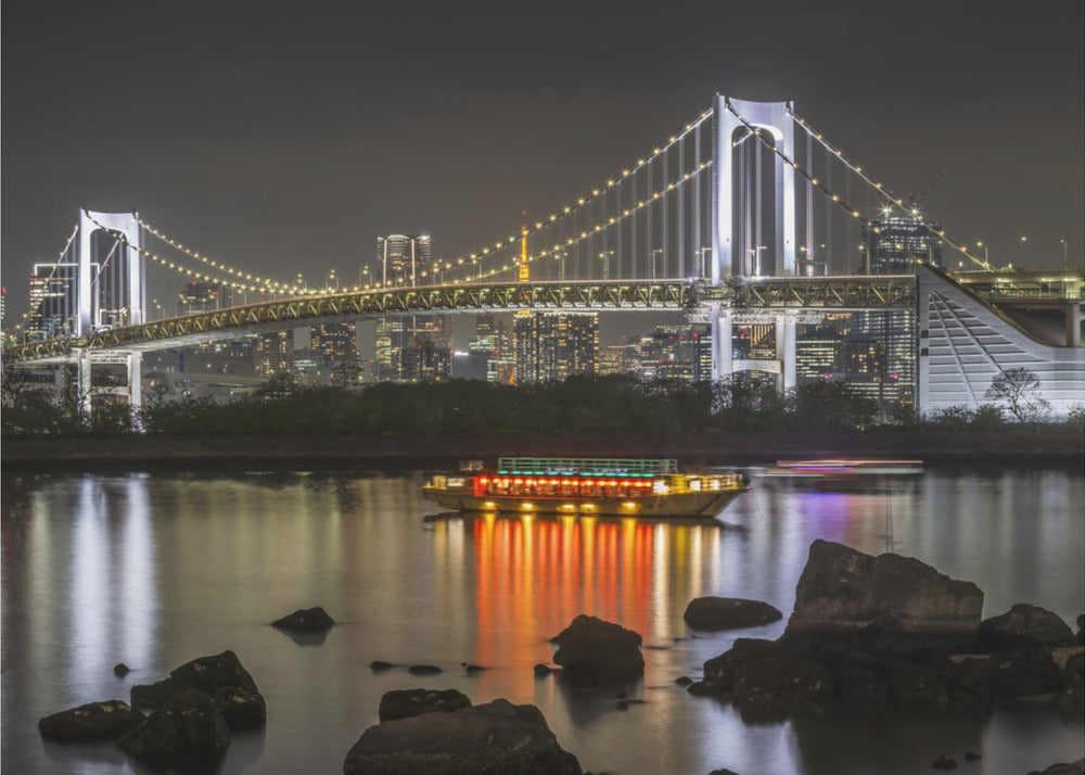  Striking Rainbow Bridge with Tokyo Skyline in the evening - Panorama Wall Artwork In Black Floating Frame