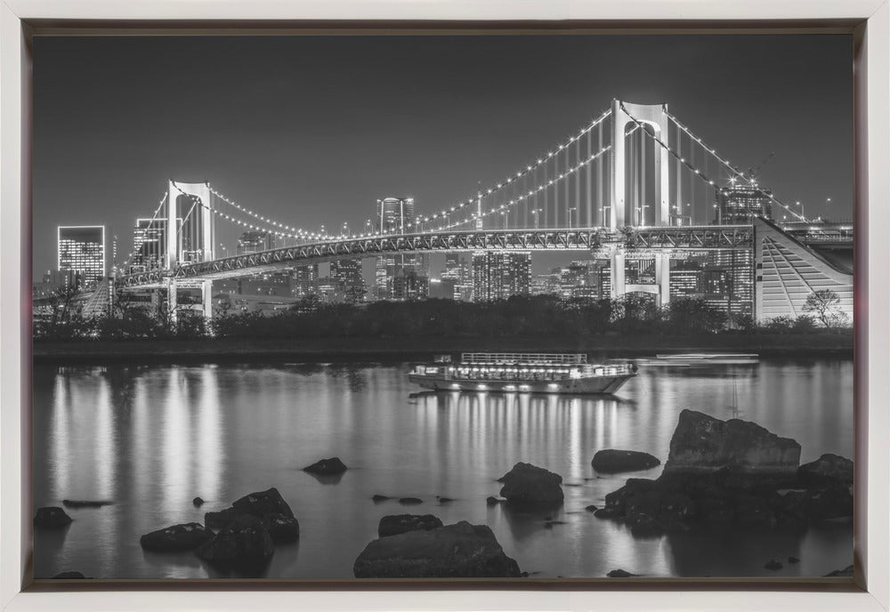  Gorgeous Rainbow Bridge with Tokyo Skyline in the evening - monochrome Wall Artwork In Black Floating Frame