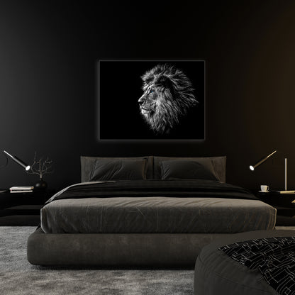 Wildlife Canvas Art-Lions Head Blue Eye in Black and White -Silver varnish